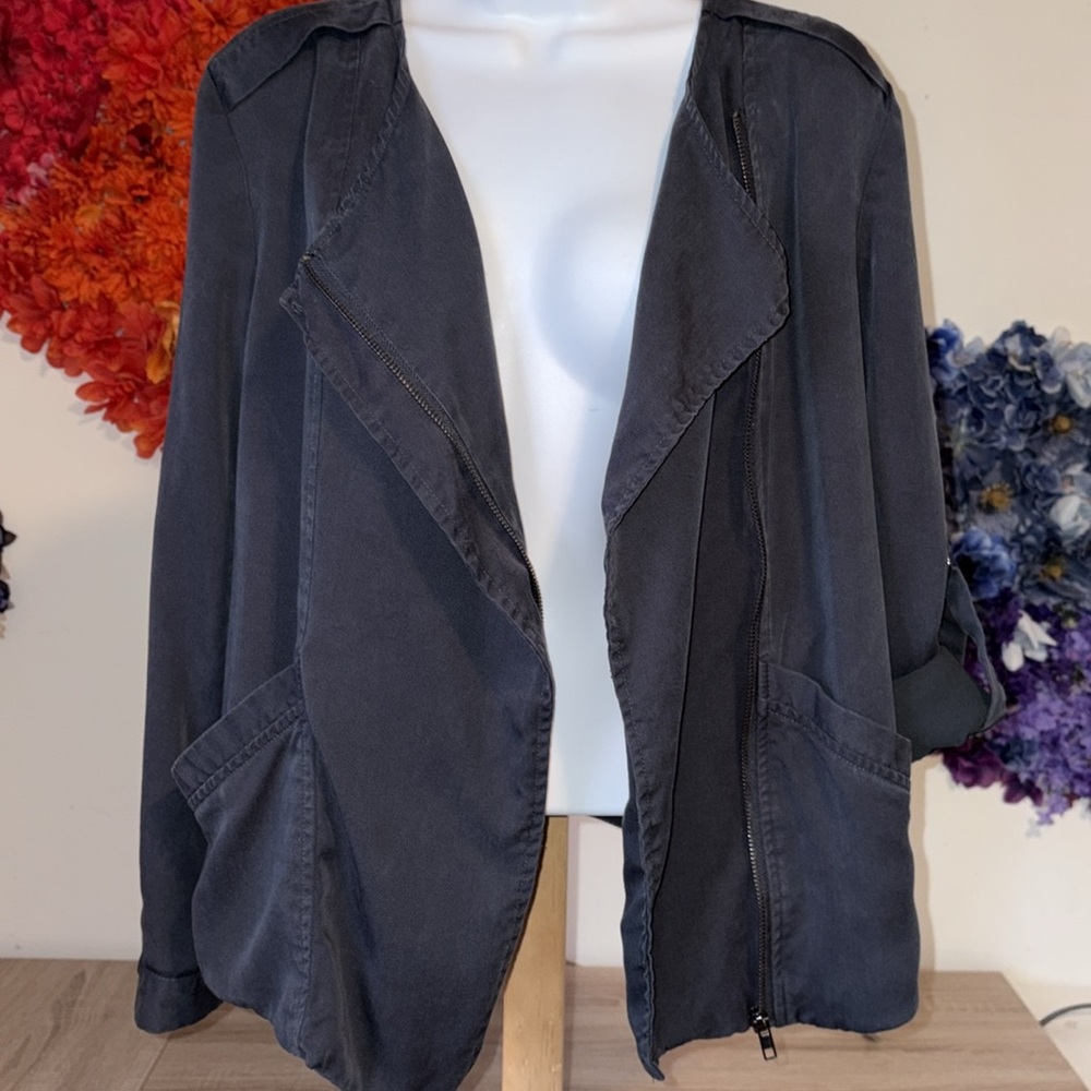 ASTR Gray Drape Full Zip Biker Moto Roll Tab Snap Sleeve Jacket - Picture 13 of 15